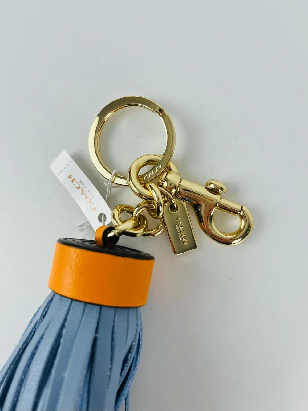 Coach Leather Tassel Bag Charm Keychain  F58505 Blue Orange Gold Hardware